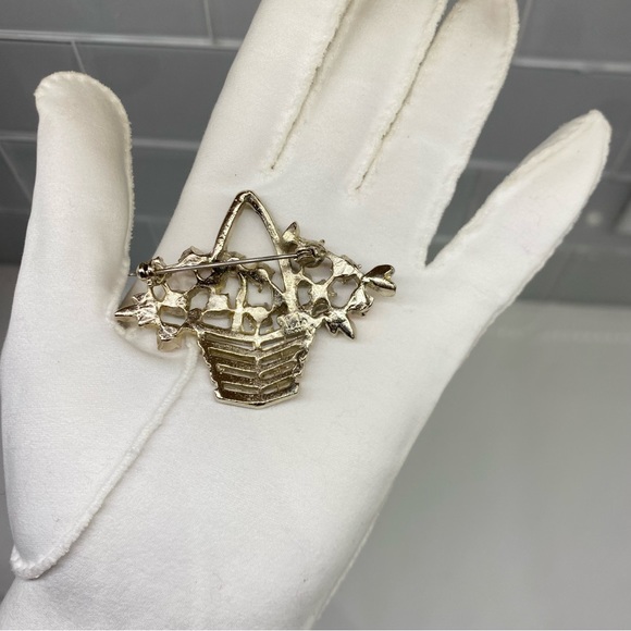 Vintage 1950s Signed Ledo Basket Brooch Pin by Polcini Citrine and Rhinestones - Picture 3 of 10